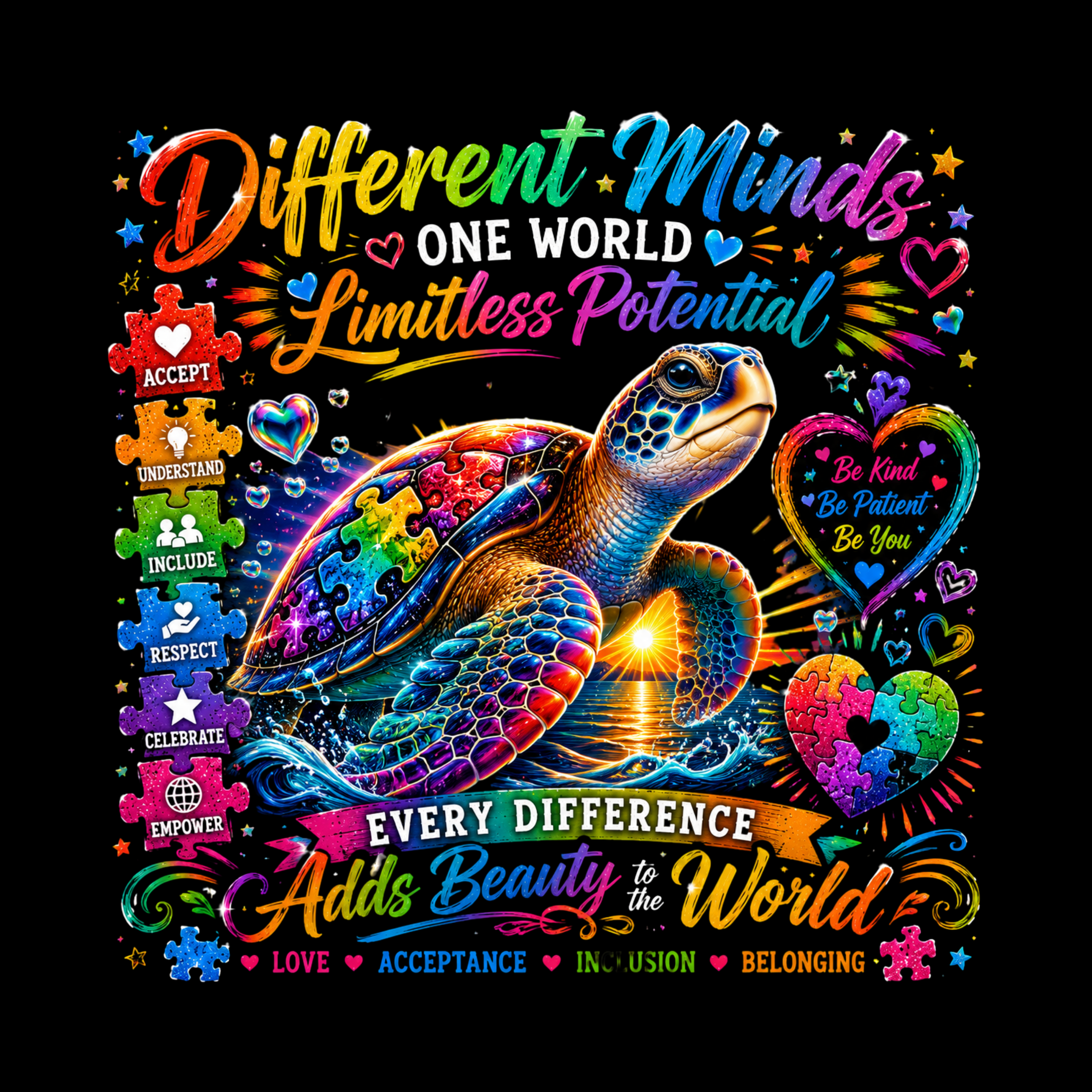 Different Minds, One World – Limitless Potential Autism Awareness Sea Turtle