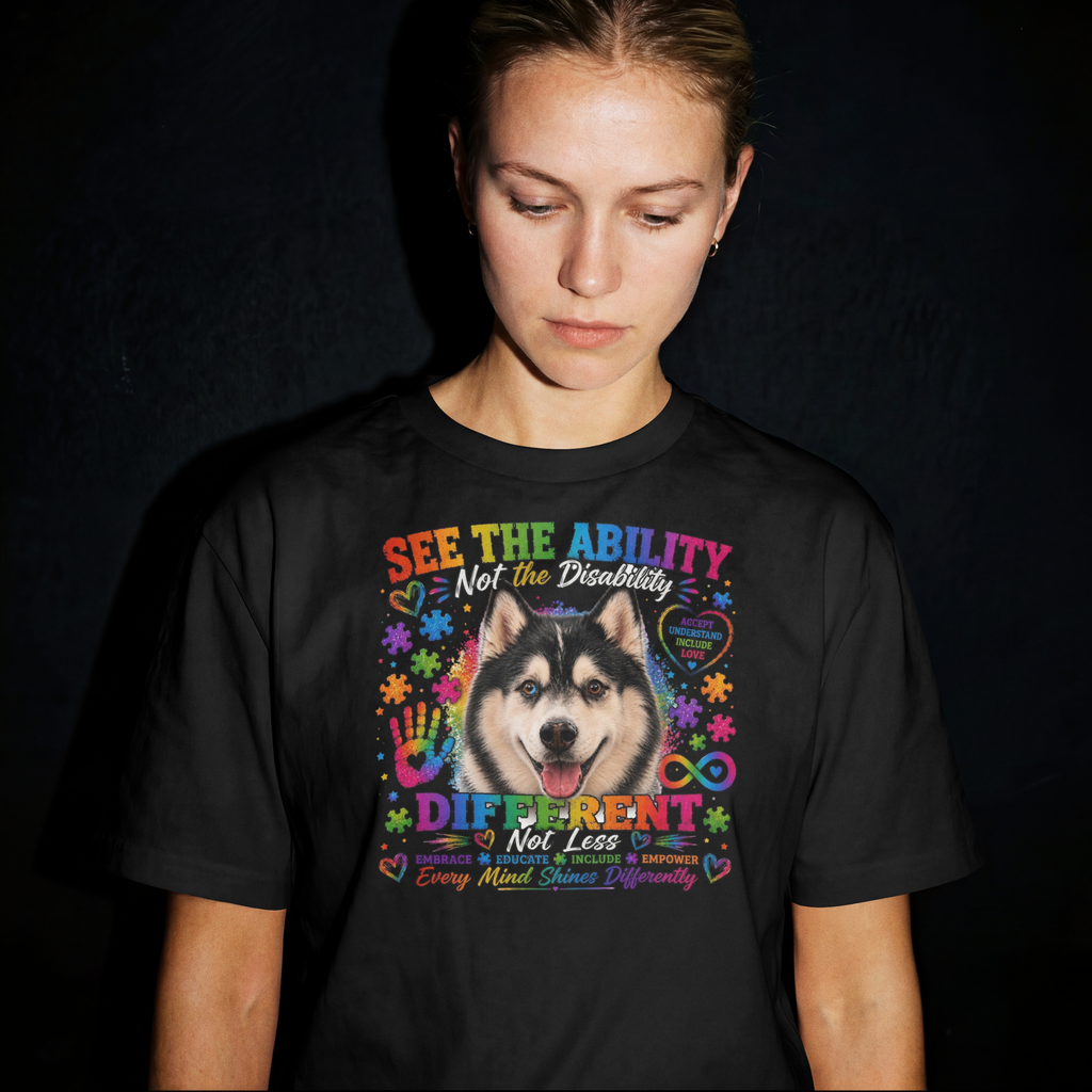 See the Ability, Not the Disability – Different Not Less Autism Awareness Husky