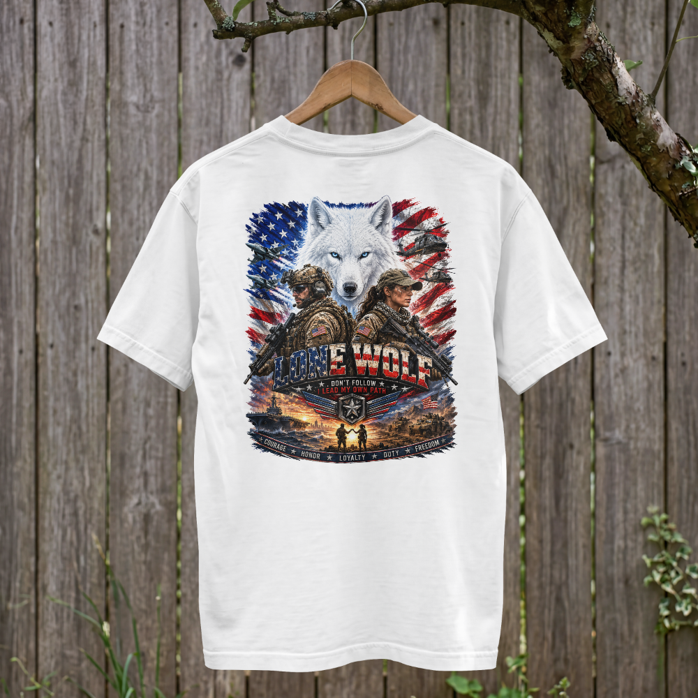 Lone Wolf Patriot T-Shirt | American Freedom Military Graphic Tee | Veteran Tribute Shirt