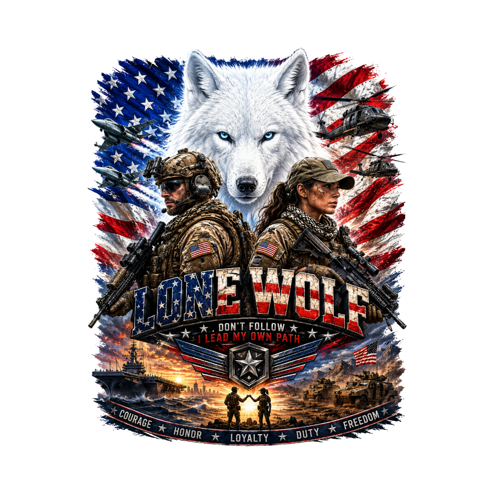 Lone Wolf Patriot T-Shirt | American Freedom Military Graphic Tee | Veteran Tribute Shirt