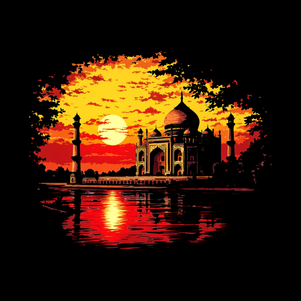 Taj Mahal Sunset T-Shirt | India Travel Landmark Graphic Tee | Golden Reflection Art Shirt