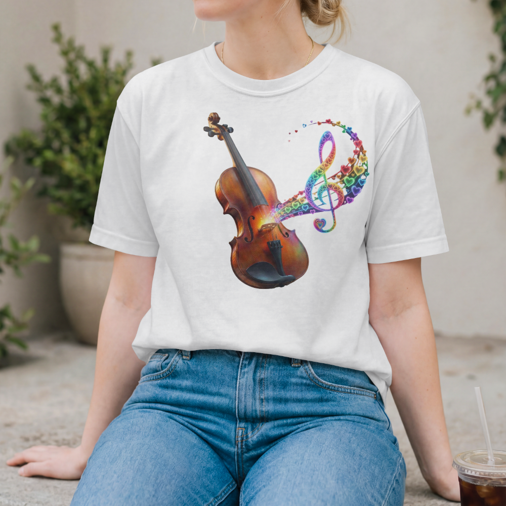 Rainbow Music Violin T-Shirt | Colorful Musical Notes Graphic Tee | Violin Lover Gift